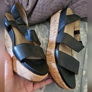 Lucca LANE Olympia Black Leather Strap Wedge Sandal Women's Size 10